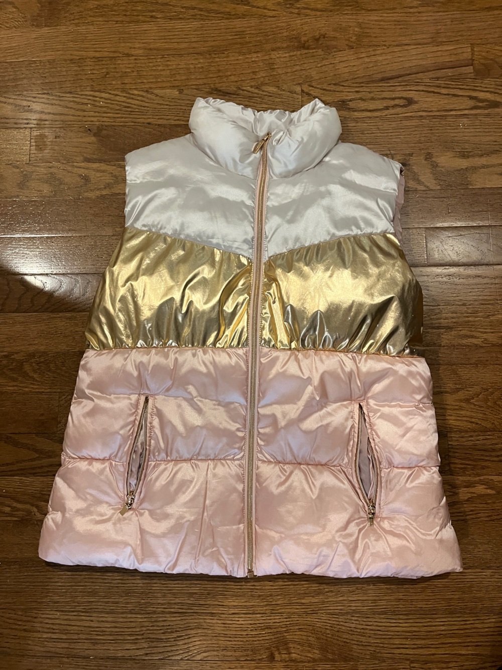 Colorblock Puffer Vest in Pink, Gold & Cream